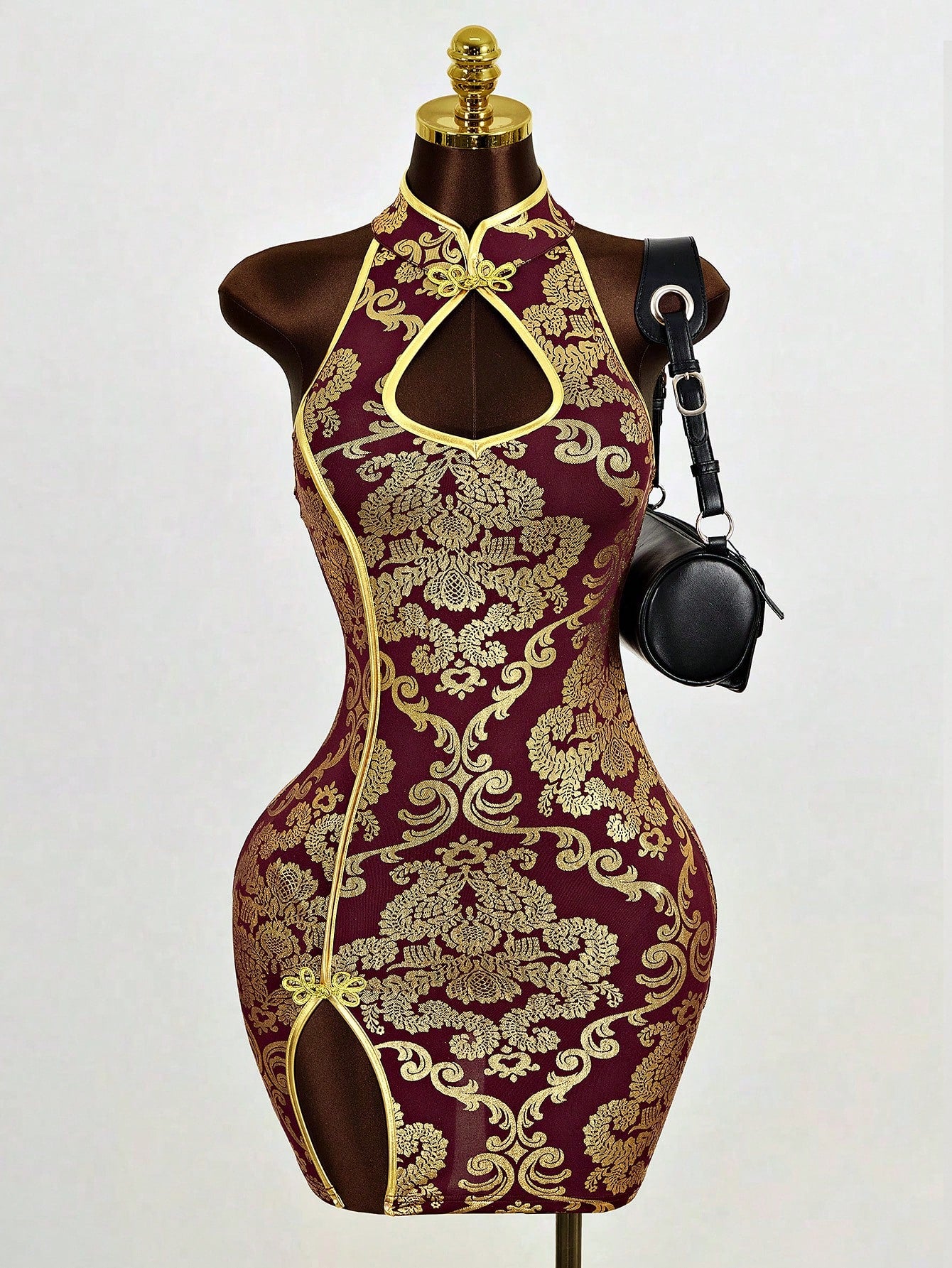 Mistrie Women's Sleeveless Collar-Neck Cheongsam,Burgundy And Gold Decorative Hollow Dress,Side Slit Mini A-Line Skirt,Winter,Seductive,Bar Party Wear