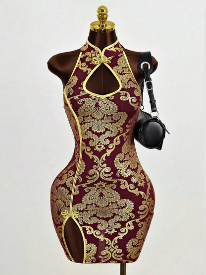 Mistrie Women's Sleeveless Collar-Neck Cheongsam,Burgundy And Gold Decorative Hollow Dress,Side Slit Mini A-Line Skirt,Winter,Seductive,Bar Party Wear