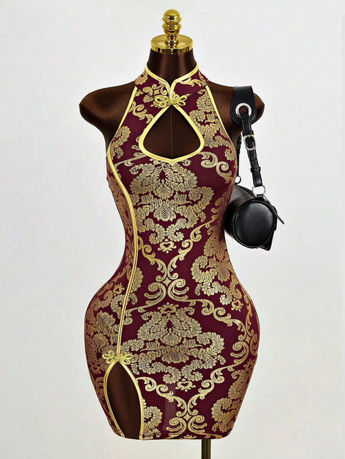 Mistrie Women's Sleeveless Collar-Neck Cheongsam,Burgundy And Gold Decorative Hollow Dress,Side Slit Mini A-Line Skirt,Winter,Seductive,Bar Party Wear