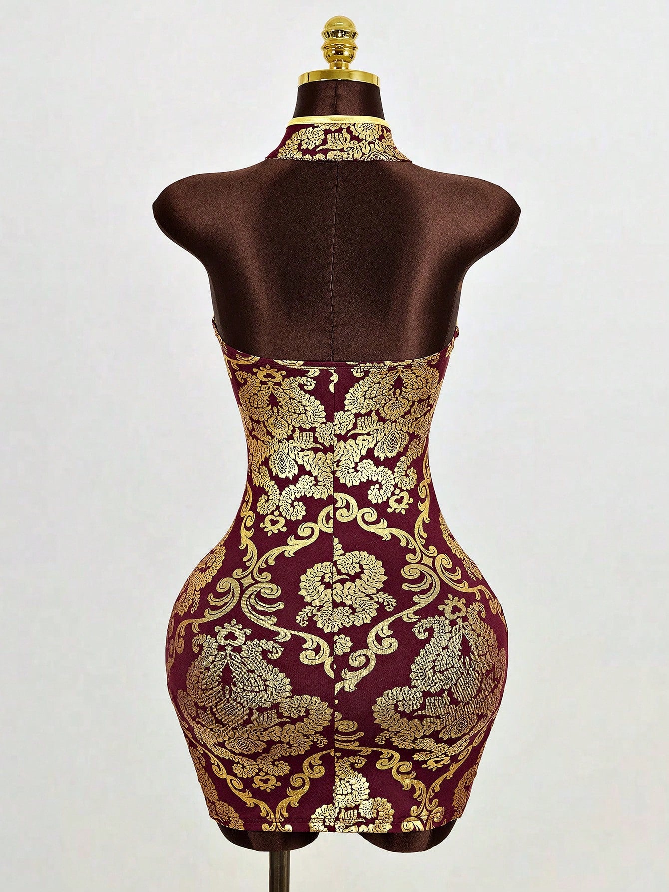 Mistrie Women's Sleeveless Collar-Neck Cheongsam,Burgundy And Gold Decorative Hollow Dress,Side Slit Mini A-Line Skirt,Winter,Seductive,Bar Party Wear