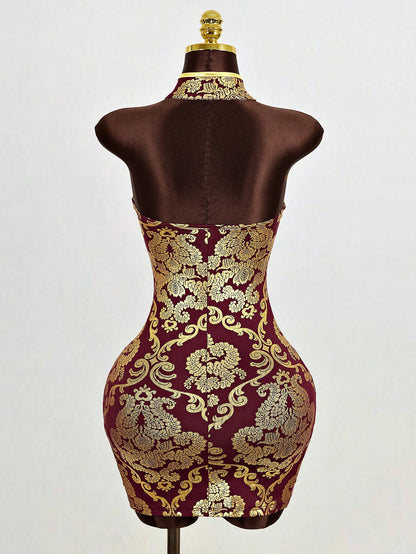 Mistrie Women's Sleeveless Collar-Neck Cheongsam,Burgundy And Gold Decorative Hollow Dress,Side Slit Mini A-Line Skirt,Winter,Seductive,Bar Party Wear