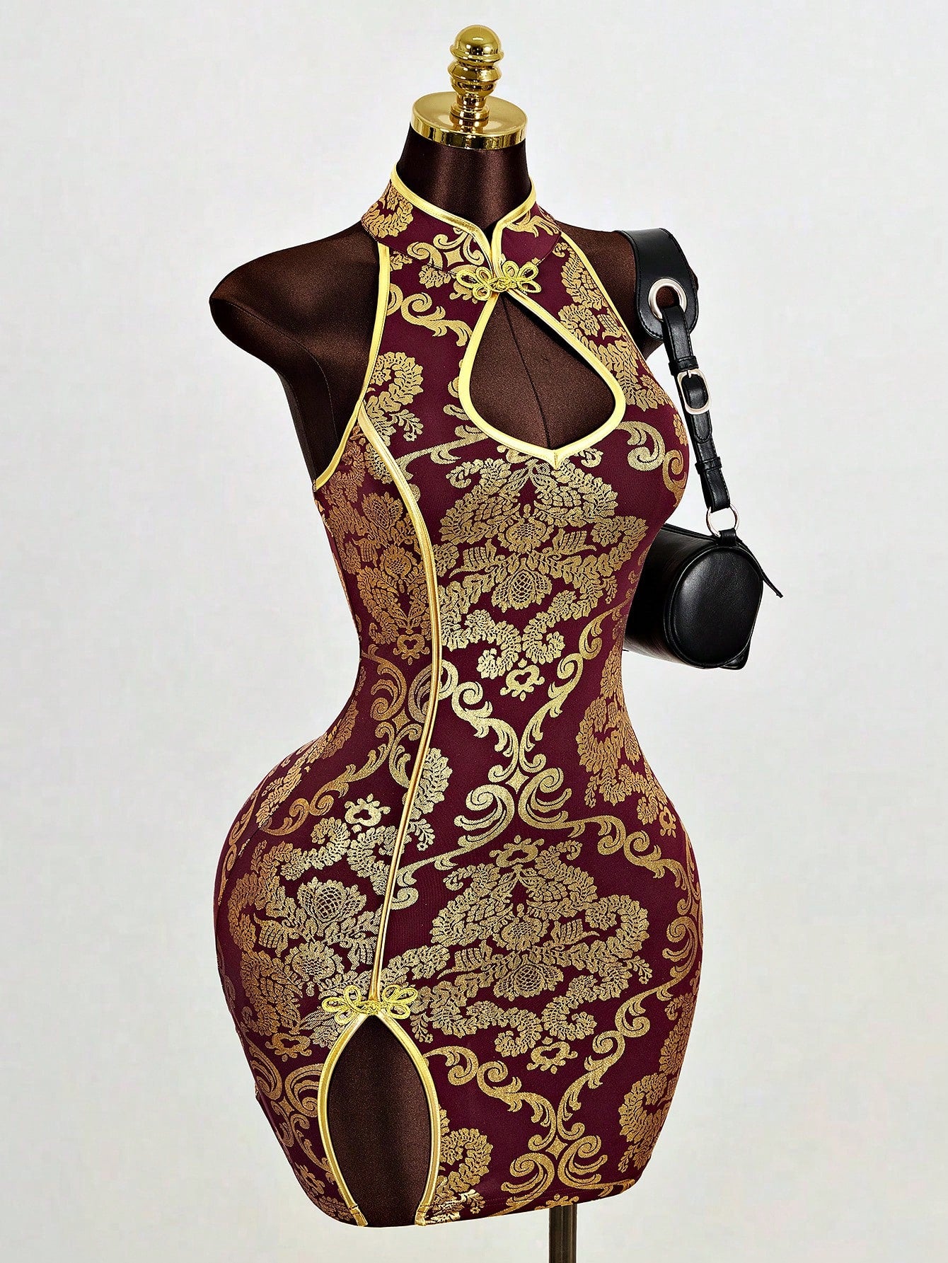 Mistrie Women's Sleeveless Collar-Neck Cheongsam,Burgundy And Gold Decorative Hollow Dress,Side Slit Mini A-Line Skirt,Winter,Seductive,Bar Party Wear