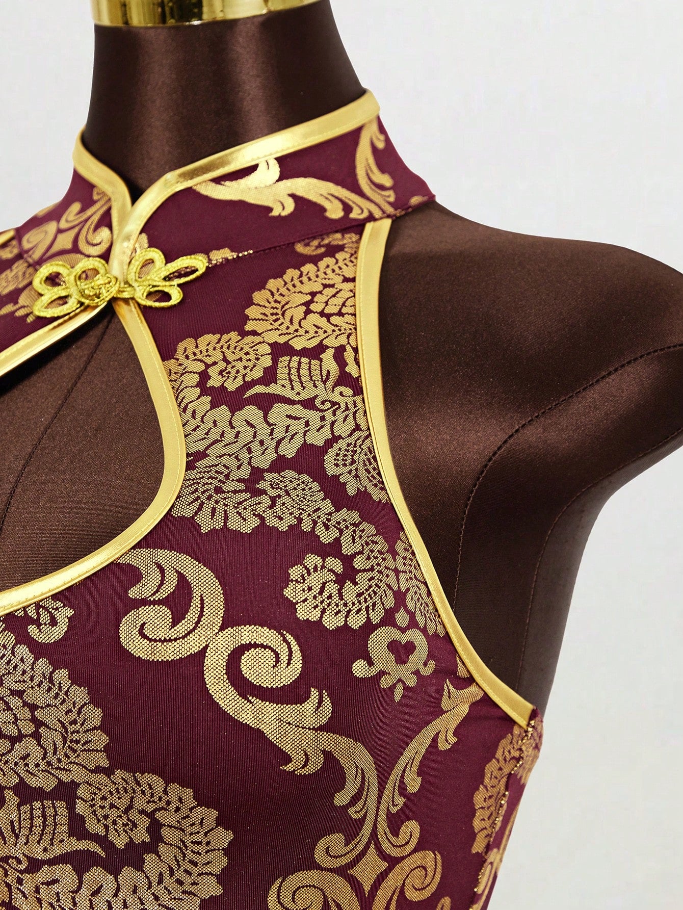 Mistrie Women's Sleeveless Collar-Neck Cheongsam,Burgundy And Gold Decorative Hollow Dress,Side Slit Mini A-Line Skirt,Winter,Seductive,Bar Party Wear