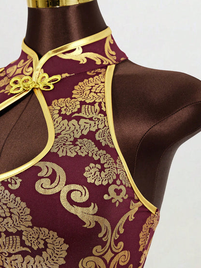 Mistrie Women's Sleeveless Collar-Neck Cheongsam,Burgundy And Gold Decorative Hollow Dress,Side Slit Mini A-Line Skirt,Winter,Seductive,Bar Party Wear