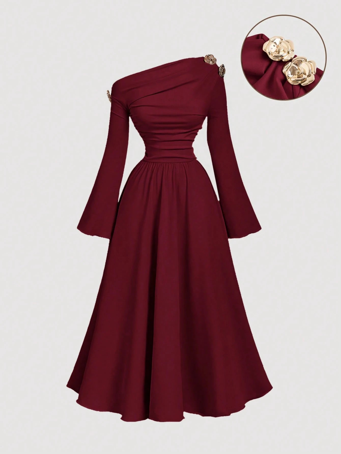 MOD Burgundy Asymmetric-Shoulder Midi Dress For Women,Elegant One Shoulder Autumn Clothes,Chic Party Dress For Ladies,Thanksgiving New Year Christmas