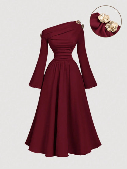MOD Burgundy Asymmetric-Shoulder Midi Dress For Women,Elegant One Shoulder Autumn Clothes,Chic Party Dress For Ladies,Thanksgiving New Year Christmas