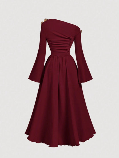 MOD Burgundy Asymmetric-Shoulder Midi Dress For Women,Elegant One Shoulder Autumn Clothes,Chic Party Dress For Ladies,Thanksgiving New Year Christmas