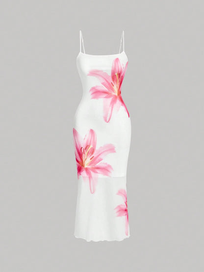 MOD Elegant Romantic Floral Print Slip Dress, Resort Style Women Wedding Party Vacation, Summer Dresses For Guest White And Pink Flower Beach Outfits