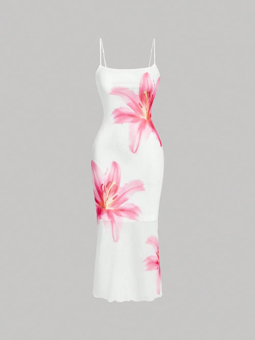 MOD Elegant Romantic Floral Print Slip Dress, Resort Style Women Wedding Party Vacation, Summer Dresses For Guest White And Pink Flower Beach Outfits