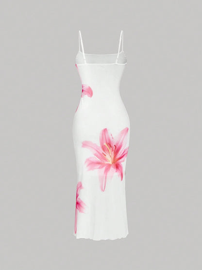 MOD Elegant Romantic Floral Print Slip Dress, Resort Style Women Wedding Party Vacation, Summer Dresses For Guest White And Pink Flower Beach Outfits