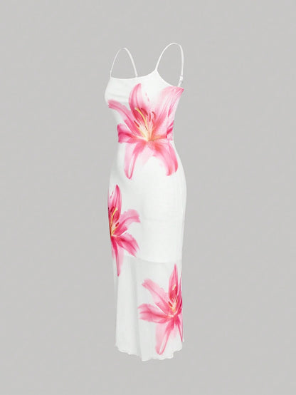 MOD Elegant Romantic Floral Print Slip Dress, Resort Style Women Wedding Party Vacation, Summer Dresses For Guest White And Pink Flower Beach Outfits