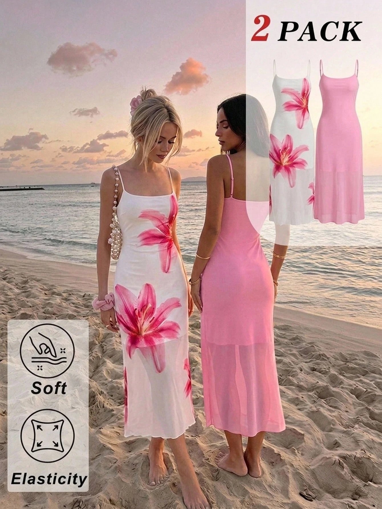 MOD Elegant Romantic Floral Print Slip Dress, Resort Style Women Wedding Party Vacation, Summer Dresses For Guest White And Pink Flower Beach Outfits
