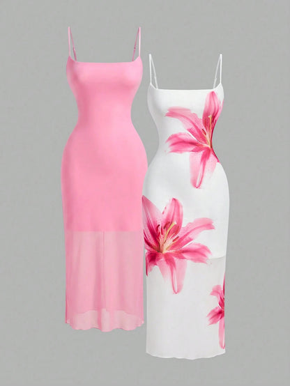MOD Elegant Romantic Floral Print Slip Dress, Resort Style Women Wedding Party Vacation, Summer Dresses For Guest White And Pink Flower Beach Outfits