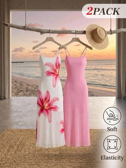 MOD Elegant Romantic Floral Print Slip Dress, Resort Style Women Wedding Party Vacation, Summer Dresses For Guest White And Pink Flower Beach Outfits