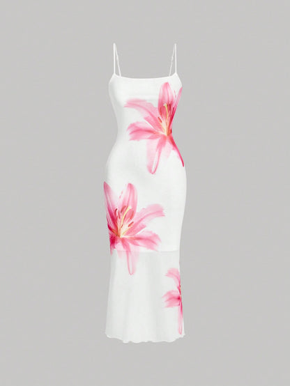 MOD Elegant Romantic Floral Print Slip Dress, Resort Style Women Wedding Party Vacation, Summer Dresses For Guest White And Pink Flower Beach Outfits