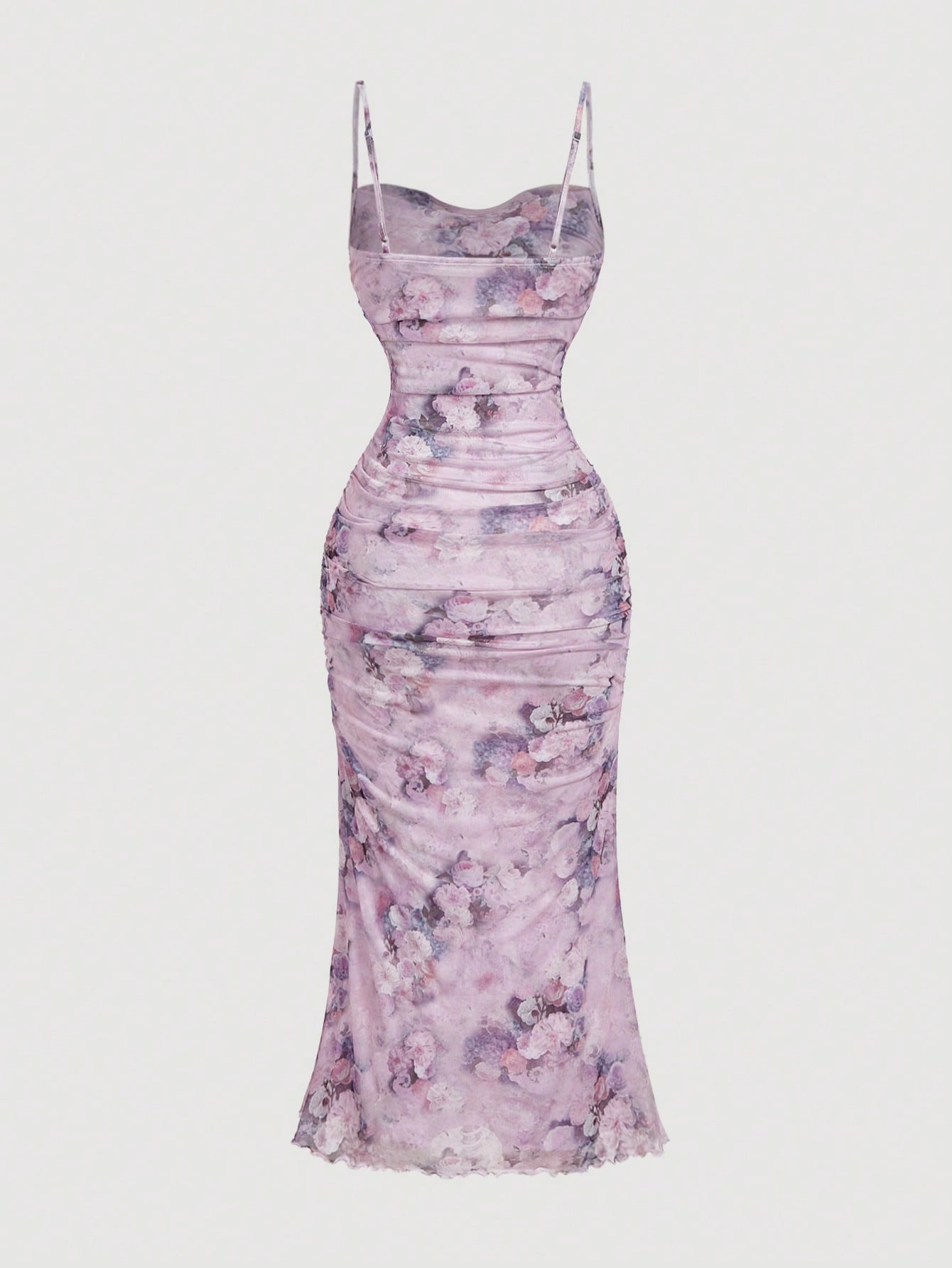 MOD Floral Print Ruched Mesh Fitted Slip Dress For Women,Elegant Dresses, Outfit,Vintage,Hippie Clothes,Masquerade Ball Lilac Formal Lavender