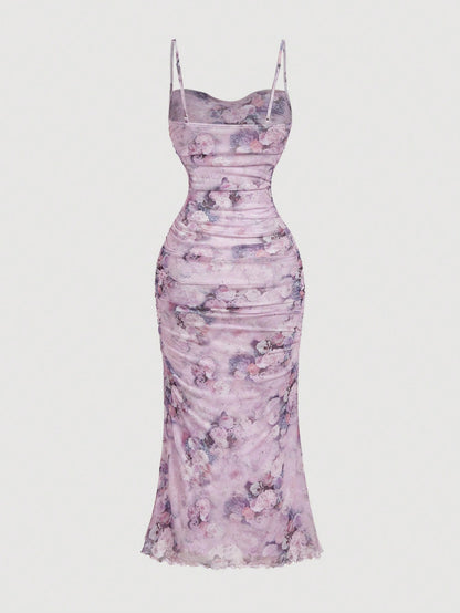 MOD Floral Print Ruched Mesh Fitted Slip Dress For Women,Elegant Dresses, Outfit,Vintage,Hippie Clothes,Masquerade Ball Lilac Formal Lavender