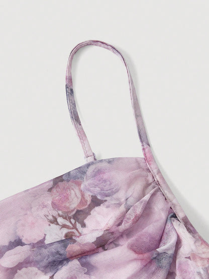 MOD Floral Print Ruched Mesh Fitted Slip Dress For Women,Elegant Dresses, Outfit,Vintage,Hippie Clothes,Masquerade Ball Lilac Formal Lavender