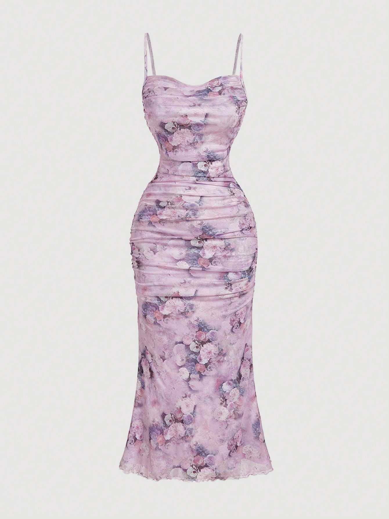 MOD Floral Print Ruched Mesh Fitted Slip Dress For Women,Elegant Dresses, Outfit,Vintage,Hippie Clothes,Masquerade Ball Lilac Formal Lavender