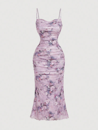 MOD Floral Print Ruched Mesh Fitted Slip Dress For Women,Elegant Dresses, Outfit,Vintage,Hippie Clothes,Masquerade Ball Lilac Formal Lavender