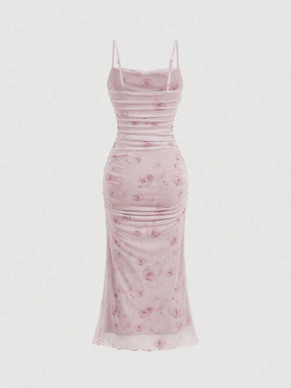 MOD Floral Print Ruched Mesh Fitted Slip Dress For Women,Elegant Dresses, Outfit,Vintage,Hippie Clothes,Masquerade Ball Lilac Formal Lavender