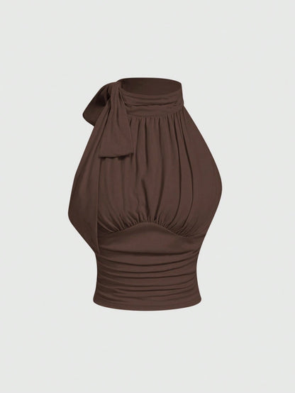 MOD Mock Neck Butterfly Applique Drawstring Ribbed Honey Top