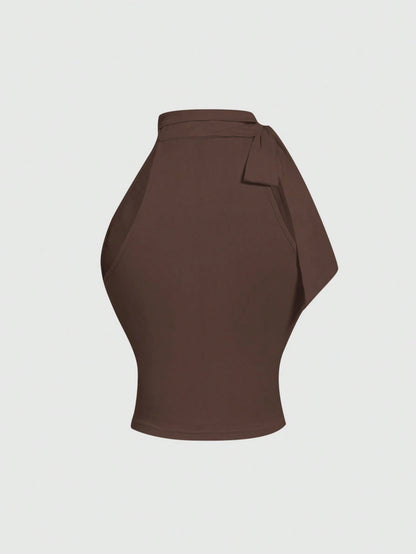 MOD Mock Neck Butterfly Applique Drawstring Ribbed Honey Top