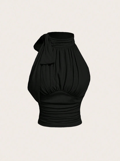 MOD Mock Neck Butterfly Applique Drawstring Ribbed Honey Top