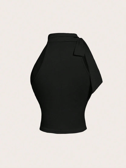 MOD Mock Neck Butterfly Applique Drawstring Ribbed Honey Top