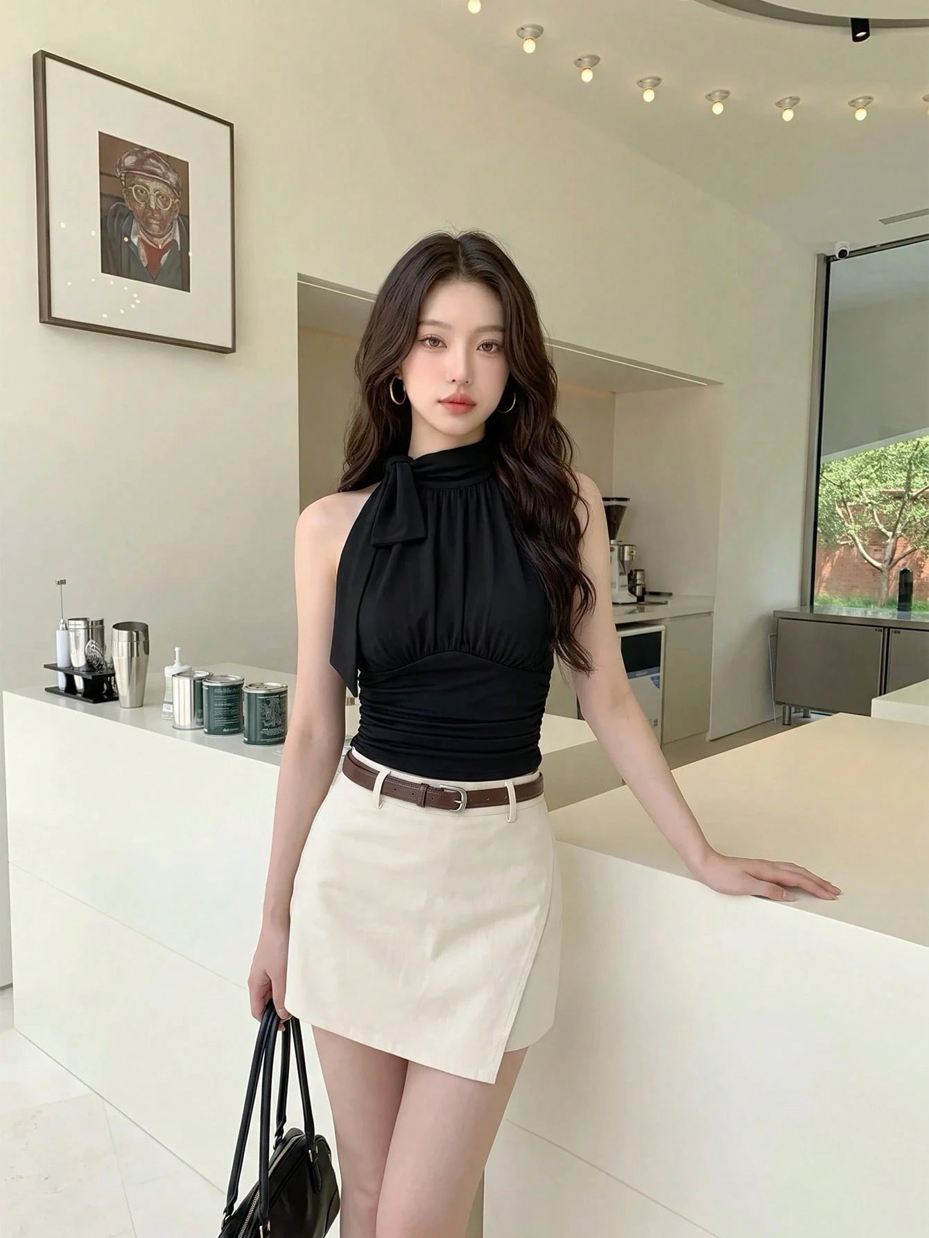 MOD Mock Neck Butterfly Applique Drawstring Ribbed Honey Top