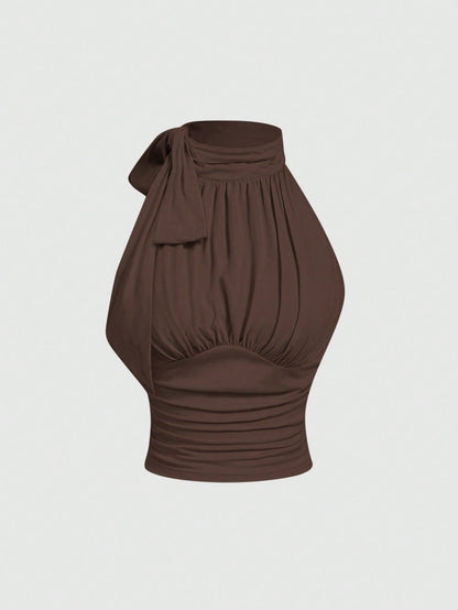 MOD Mock Neck Butterfly Applique Drawstring Ribbed Honey Top