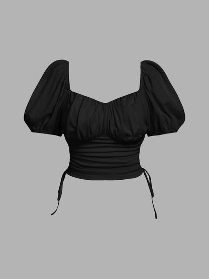 MOD Plus Size Ruched Drawstring Puff Sleeve T-Shirt, Casual Daily, Commute, Picnic, Spring/Summer