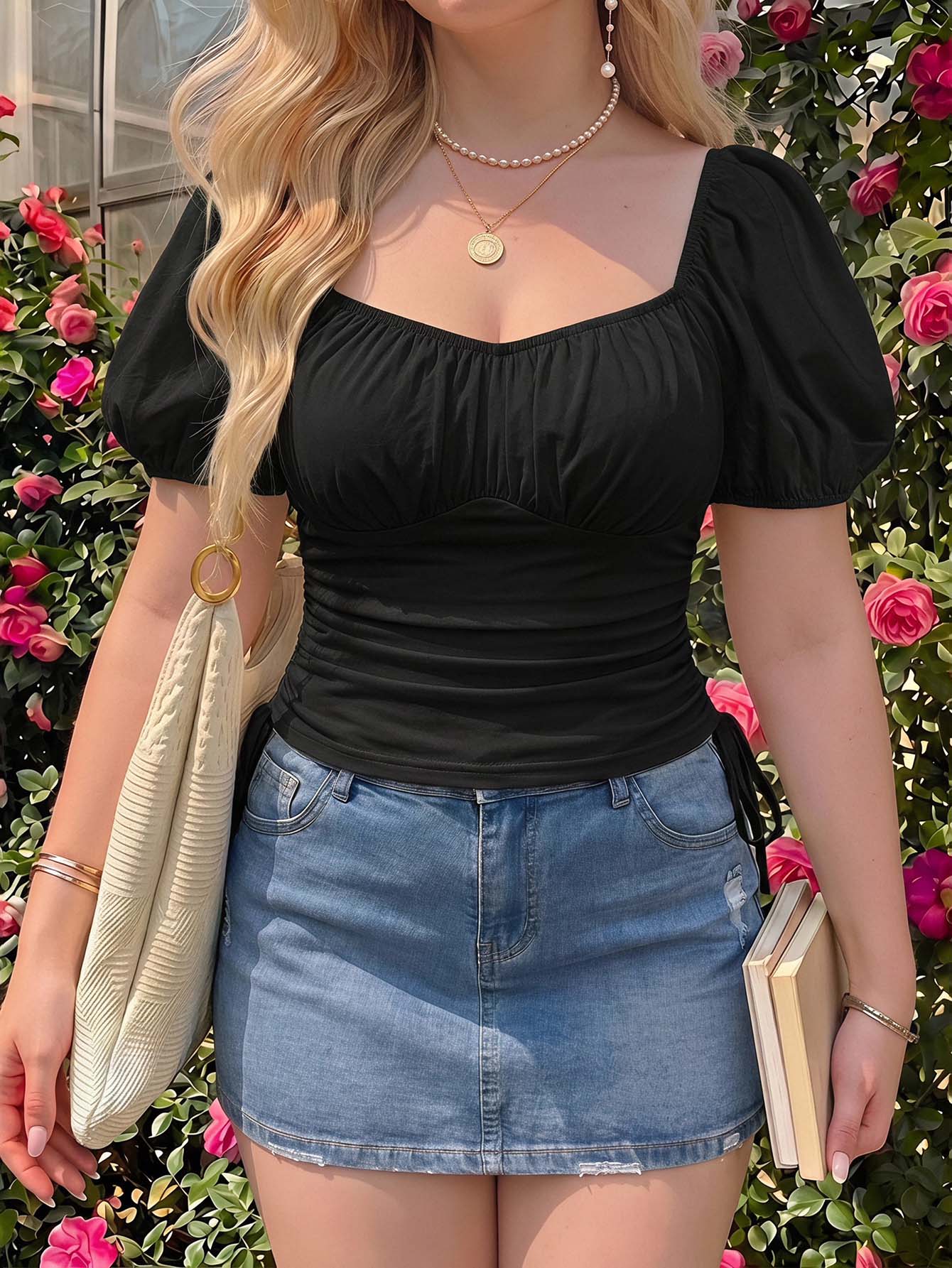 MOD Plus Size Ruched Drawstring Puff Sleeve T-Shirt, Casual Daily, Commute, Picnic, Spring/Summer