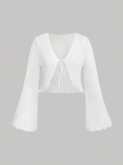 MOD Plus Size V-Neck Flare Sleeve Tied Bow Blouse Bell Sleeve Toptops Whiteblouse White Fall