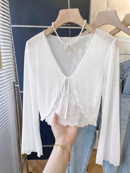 MOD Plus Size V-Neck Flare Sleeve Tied Bow Blouse Bell Sleeve Toptops Whiteblouse White Fall