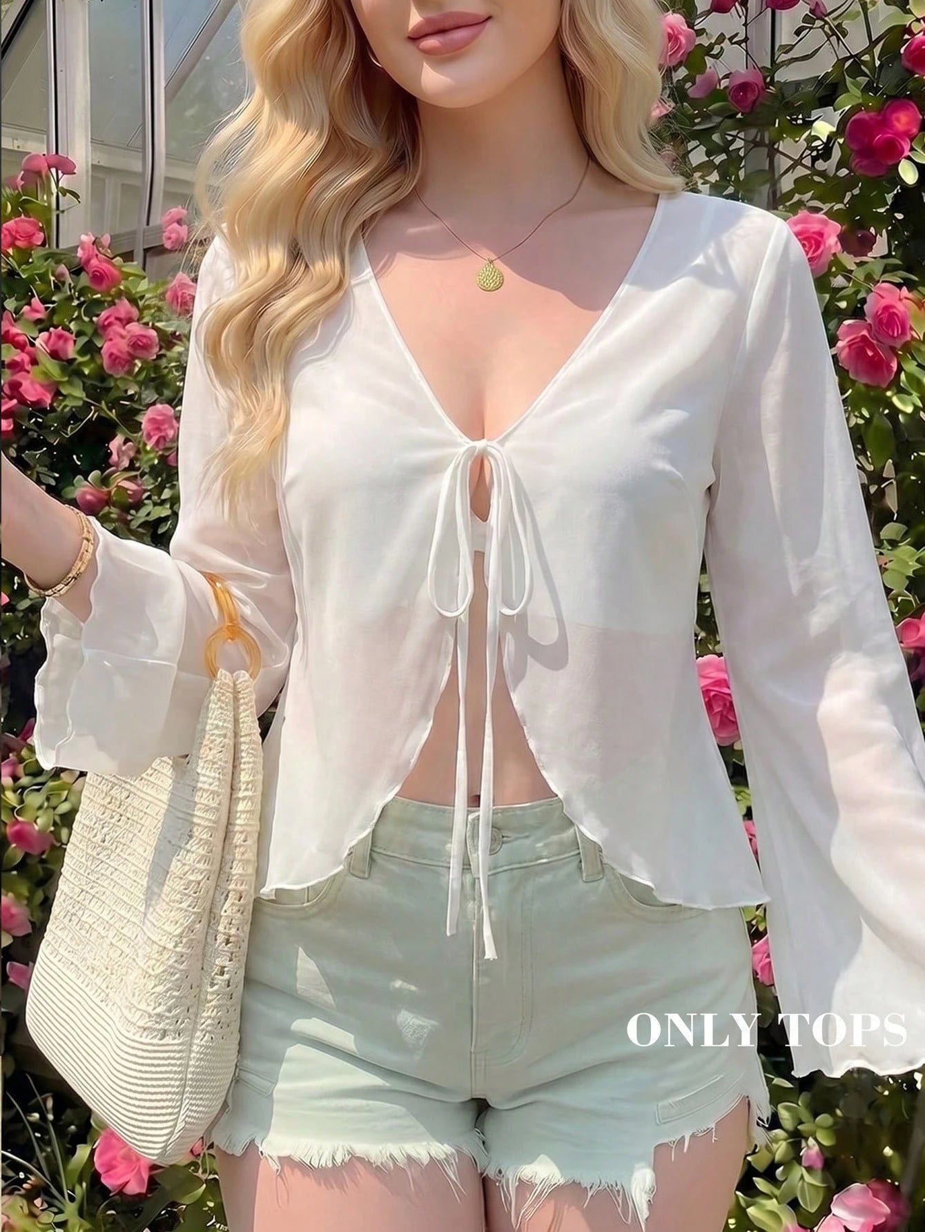 MOD Plus Size V-Neck Flare Sleeve Tied Bow Blouse Bell Sleeve Toptops Whiteblouse White Fall