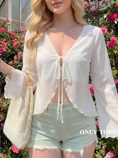 MOD Plus Size V-Neck Flare Sleeve Tied Bow Blouse Bell Sleeve Toptops Whiteblouse White Fall