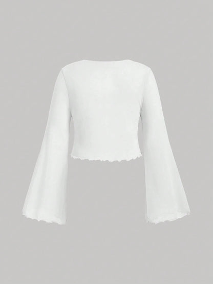 MOD Plus Size V-Neck Flare Sleeve Tied Bow Blouse Bell Sleeve Toptops Whiteblouse White Fall