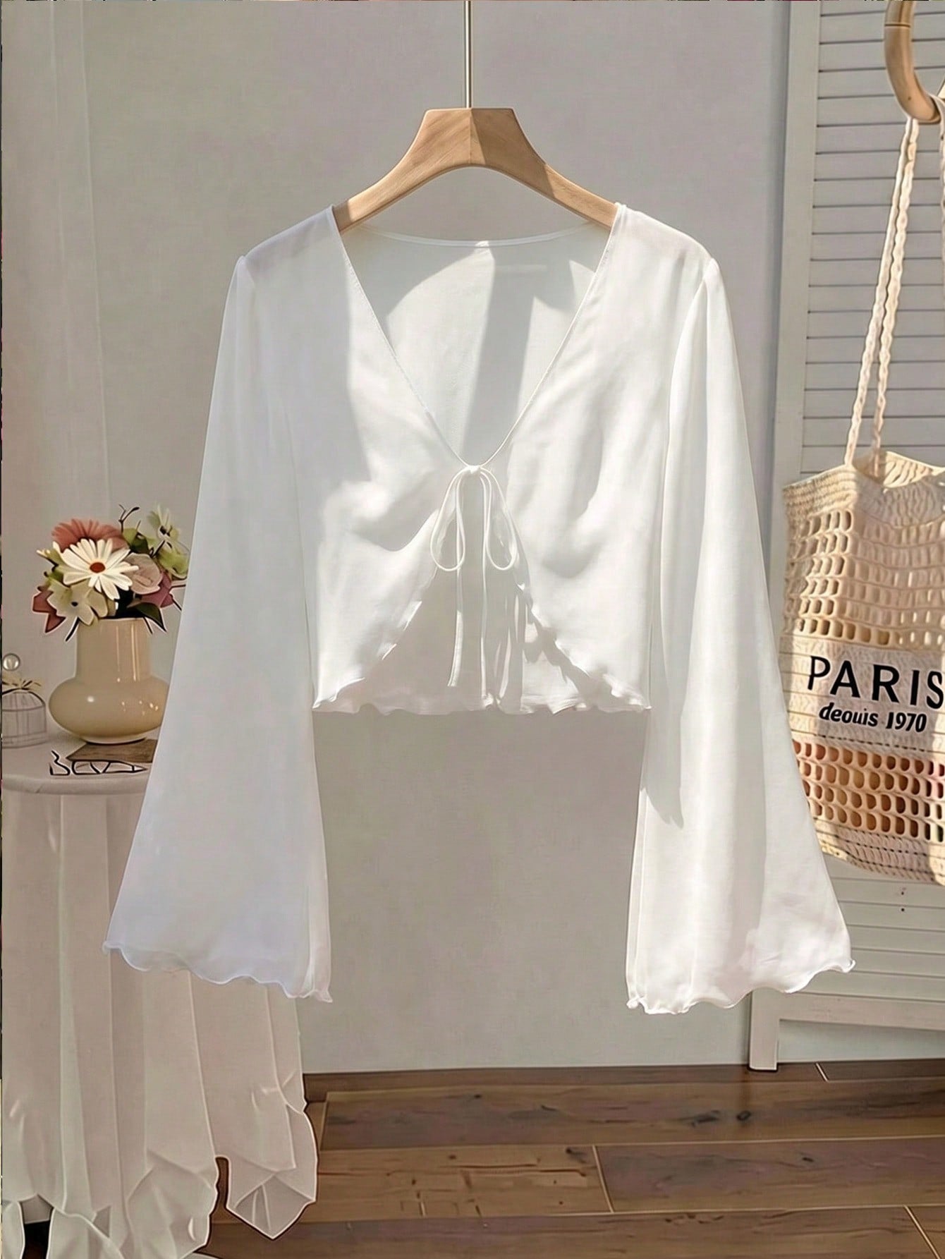 MOD Plus Size V-Neck Flare Sleeve Tied Bow Blouse Bell Sleeve Toptops Whiteblouse White Fall