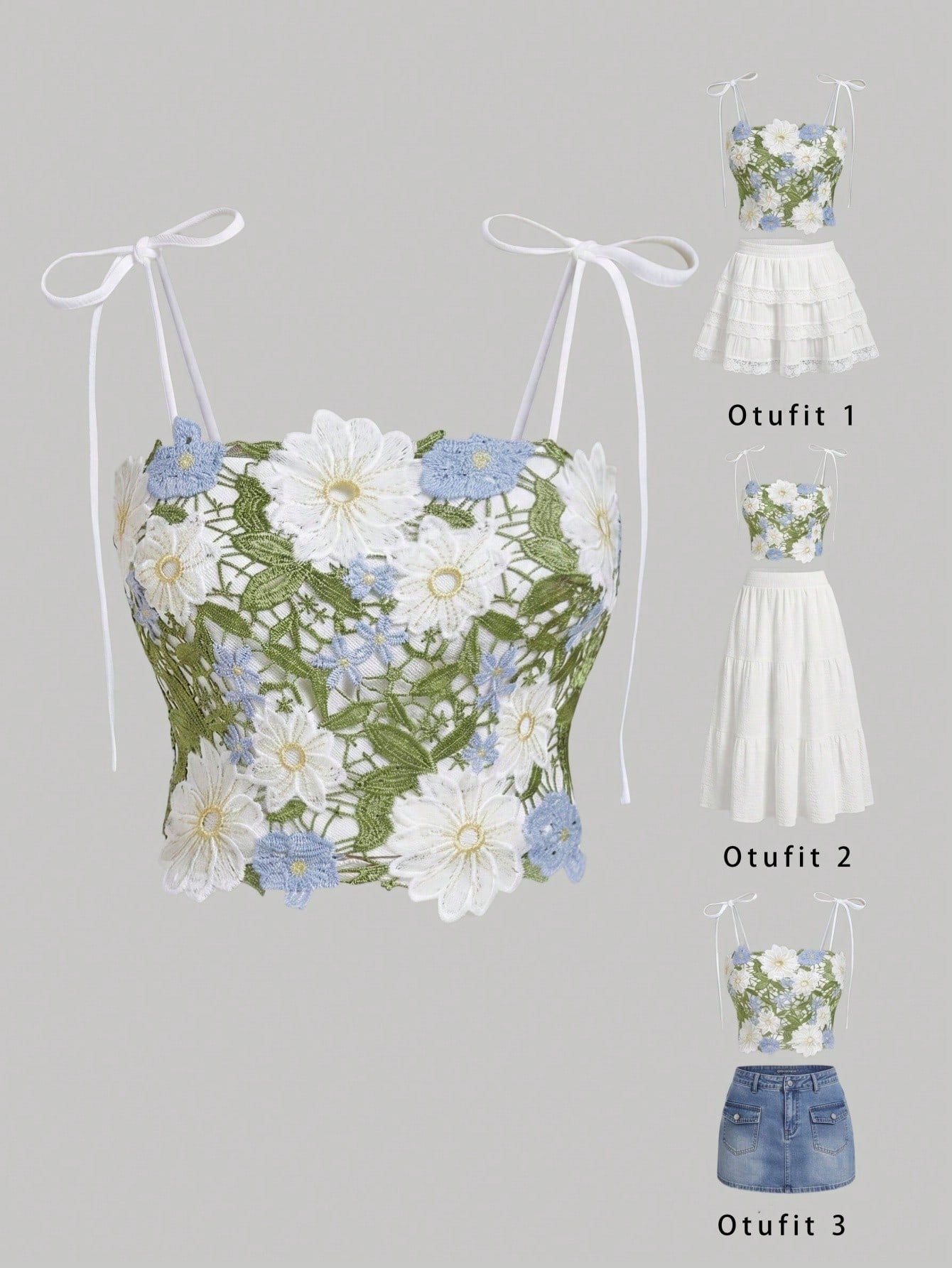 MOD Plus Size Women's Embroidered White And Blue Floral Bow Strap Camisole Top,Summer Cottage Core Holiday Vacation Summer Top,Cottagecore Elegant