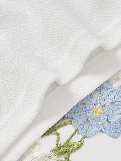 MOD Plus Size Women's Embroidered White And Blue Floral Bow Strap Camisole Top,Summer Cottage Core Holiday Vacation Summer Top,Cottagecore Elegant