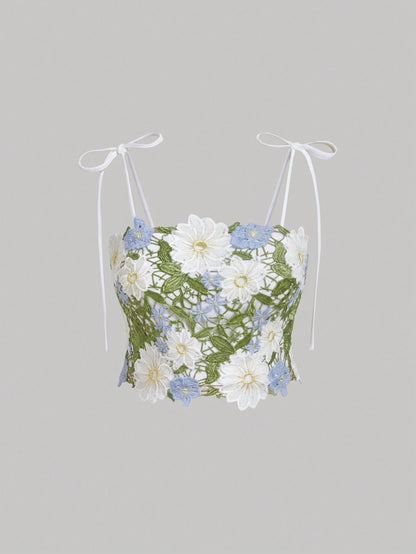 MOD Plus Size Women's Embroidered White And Blue Floral Bow Strap Camisole Top,Summer Cottage Core Holiday Vacation Summer Top,Cottagecore Elegant