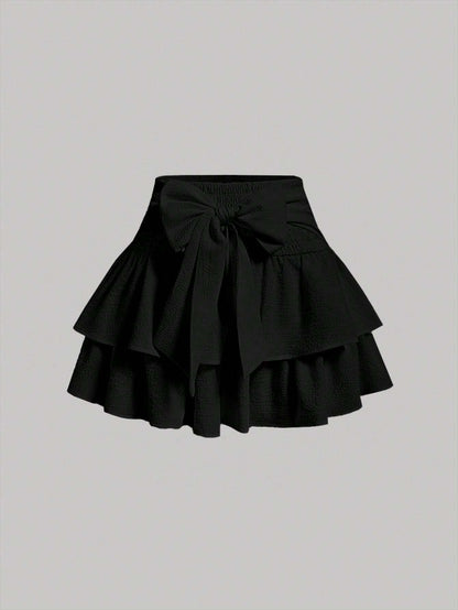MOD Solid Color Multi-Layered Cake Skirt With Bow Tie Belt Design Back To School Outfits Black Skirt