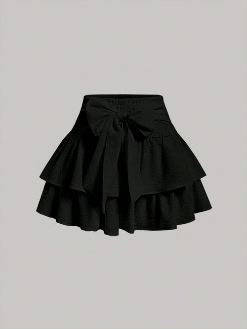 MOD Solid Color Multi-Layered Cake Skirt With Bow Tie Belt Design Back To School Outfits Black Skirt