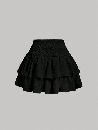 MOD Solid Color Multi-Layered Cake Skirt With Bow Tie Belt Design Back To School Outfits Black Skirt