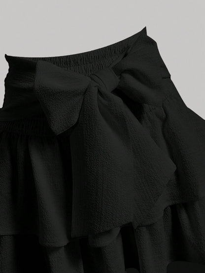 MOD Solid Color Multi-Layered Cake Skirt With Bow Tie Belt Design Back To School Outfits Black Skirt