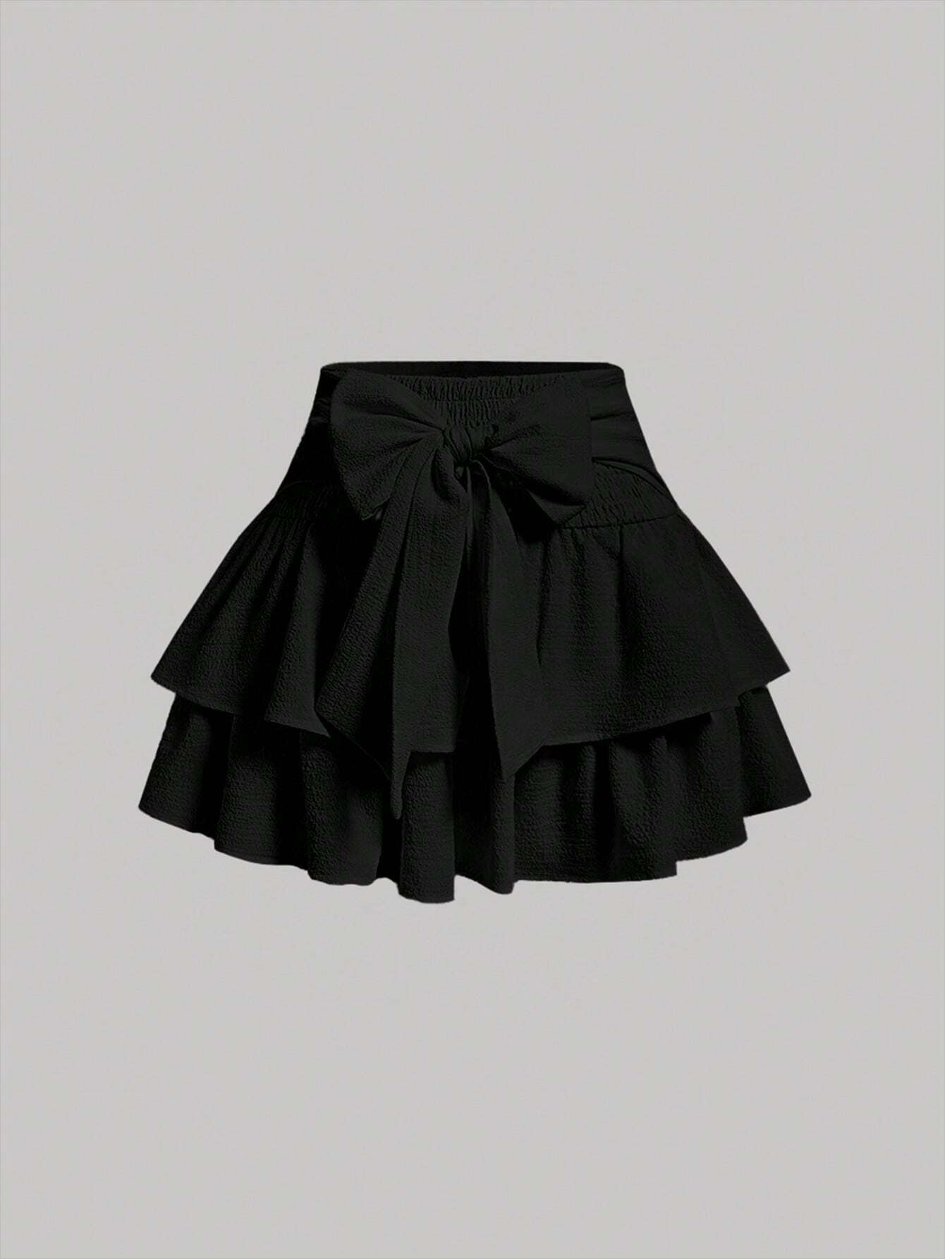 MOD Solid Color Multi-Layered Cake Skirt With Bow Tie Belt Design Back To School Outfits Black Skirt