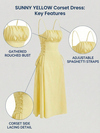 MOD Solid Ruched Bust Lace Up Side Formal Cami Long Dress,Pastel Dresses For Women