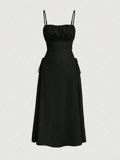 MOD Solid Ruched Bust Lace Up Side Formal Cami Long Dress,Pastel Dresses For Women