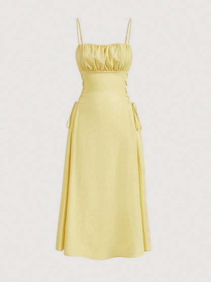 MOD Solid Ruched Bust Lace Up Side Formal Cami Long Dress,Pastel Dresses For Women